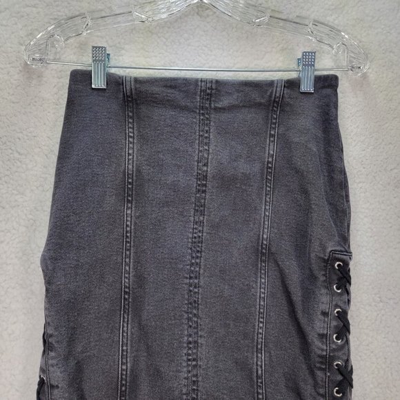 Free People Charcoal Black Denim Stretch Lace Up Slim Grunge Slim Pencil Skirt - Picture 5 of 15